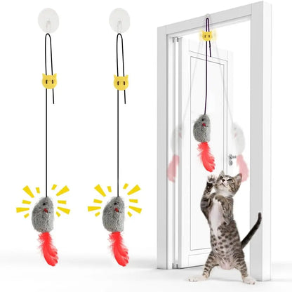 Self Play Toys,2 Pack Door Hanging with Squeaky Sound,No Required,Interactive Enrichment Toys for Bored Indoor Adult Cats, Boredom Toys Mice with Tail