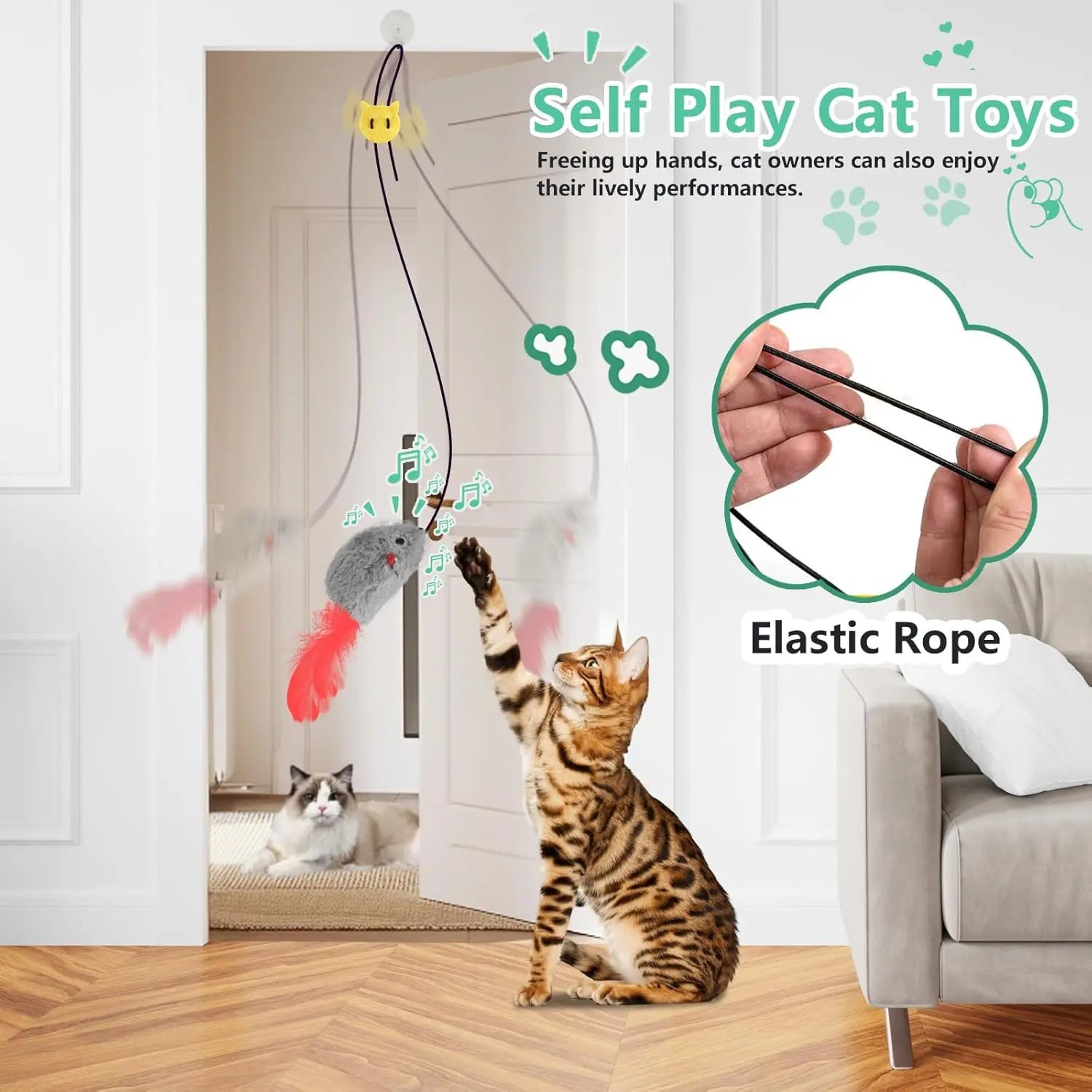 Self Play Toys,2 Pack Door Hanging with Squeaky Sound,No Required,Interactive Enrichment Toys for Bored Indoor Adult Cats, Boredom Toys Mice with Tail