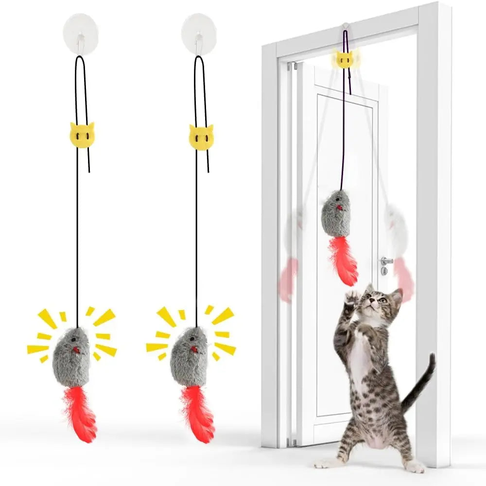 Self Play Toys,2 Pack Door Hanging with Squeaky Sound,No Required,Interactive Enrichment Toys for Bored Indoor Adult Cats, Boredom Toys Mice with Tail