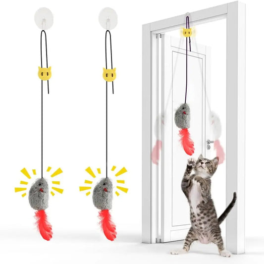 Self Play Toys,2 Pack Door Hanging with Squeaky Sound,No Required,Interactive Enrichment Toys for Bored Indoor Adult Cats, Boredom Toys Mice with Tail